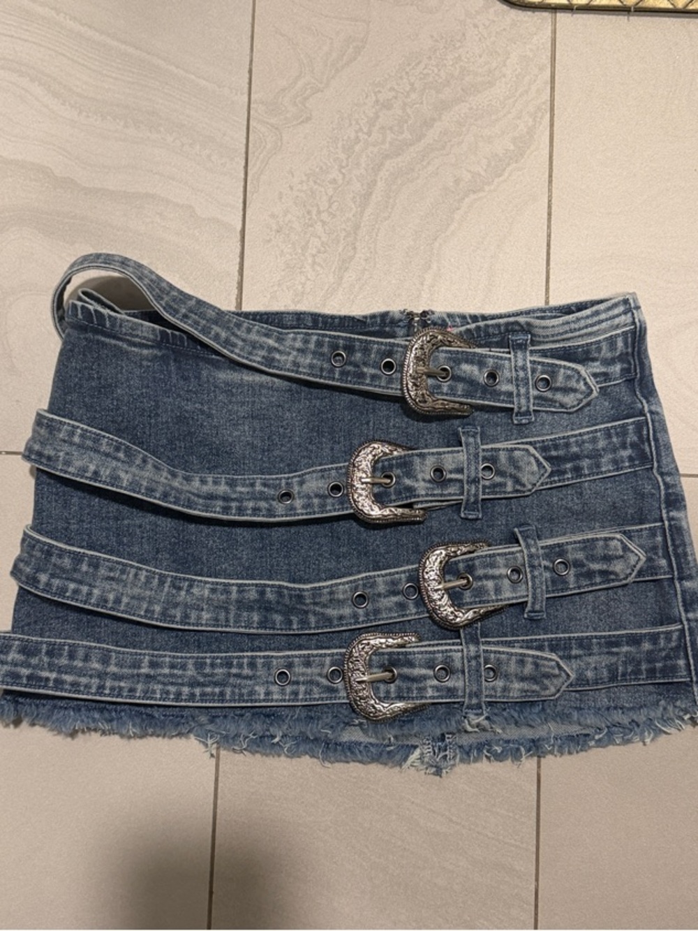 Sugar Thrillz Blue Denim Mini Skirt with Four Buckle Straps